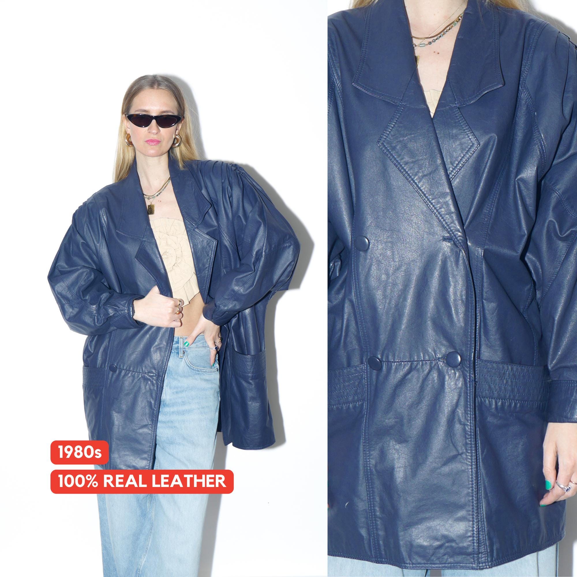 VINTAGE navy blue leather jacket from the 1980s by Renoma® in oversize fit