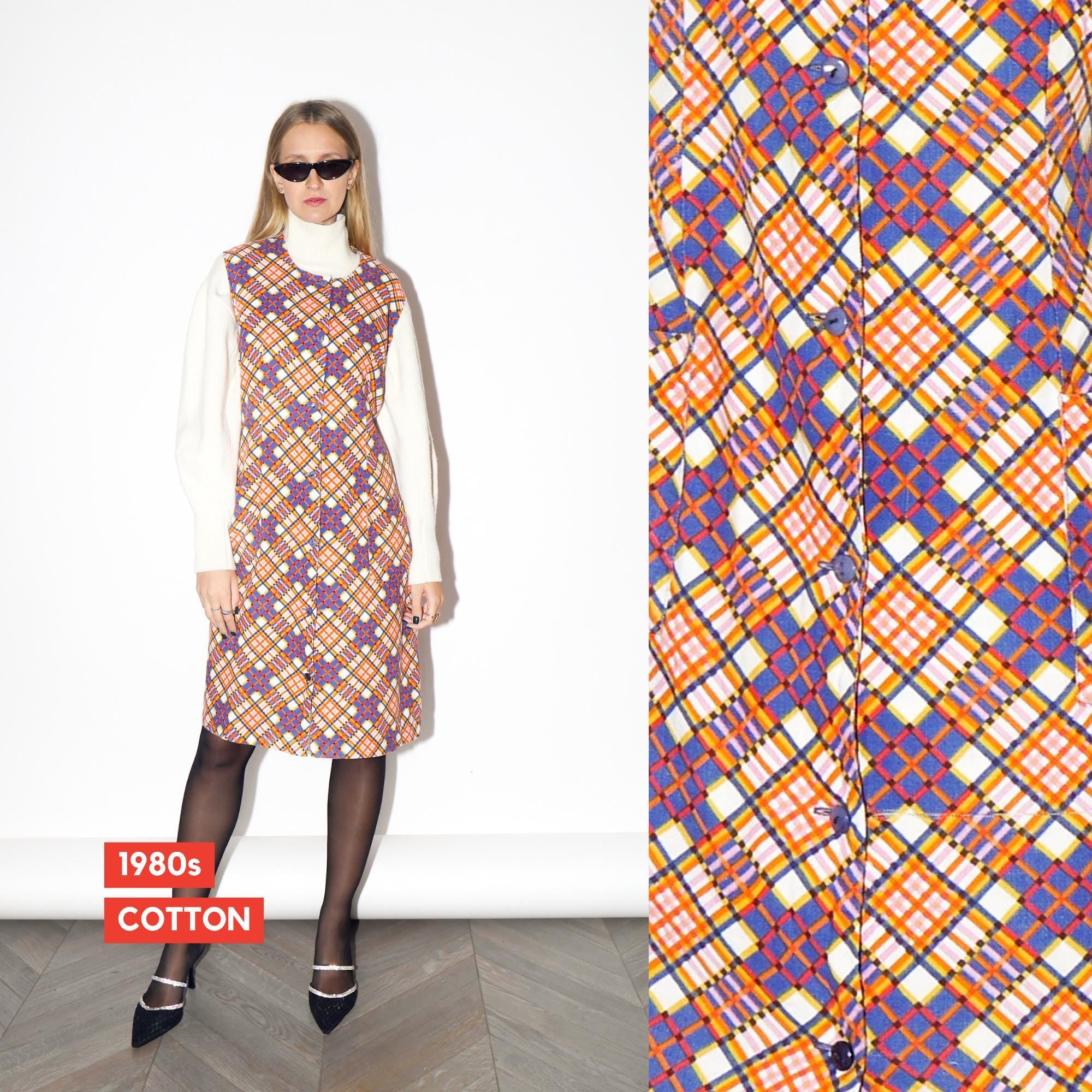 VINTAGE Orange And Beige Checked Cotton Sleeveless Dress From The 1980s By Miloty