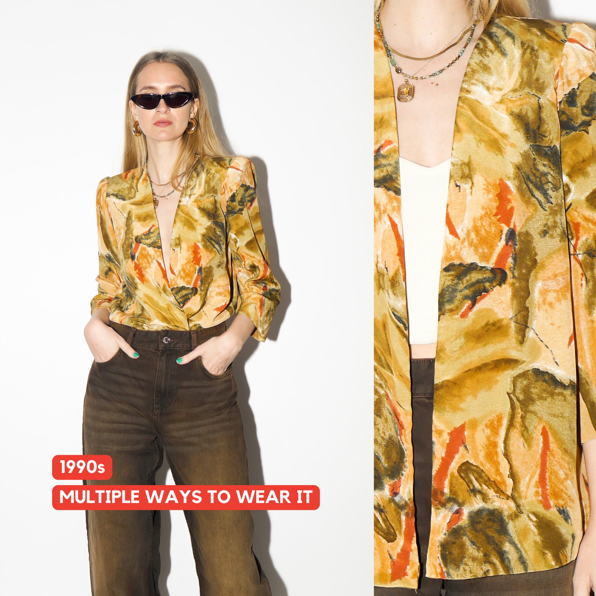 VINTAGE Yellow Abstract Blouse from 1980s | Open Front Flowy Orange Blouse