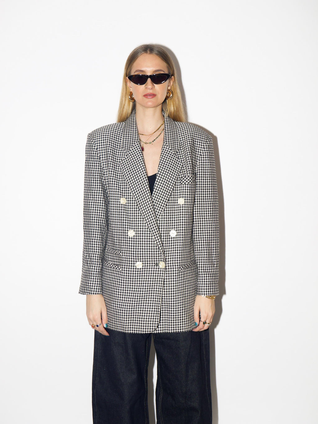 VINTAGE dogtooth double-breasted blazer from 1980s made of viscose and wool
