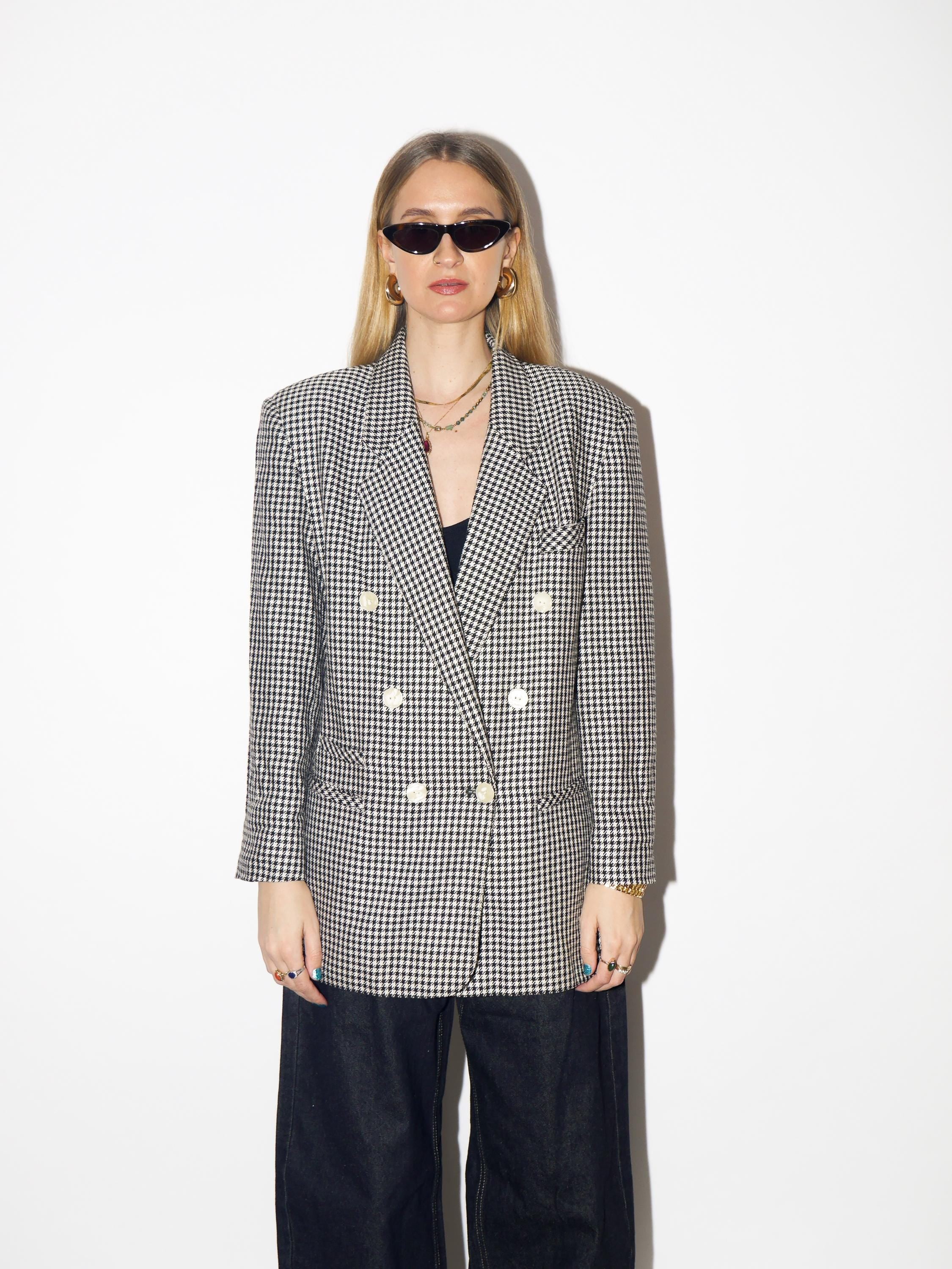 VINTAGE dogtooth double-breasted blazer from 1980s made of viscose and wool