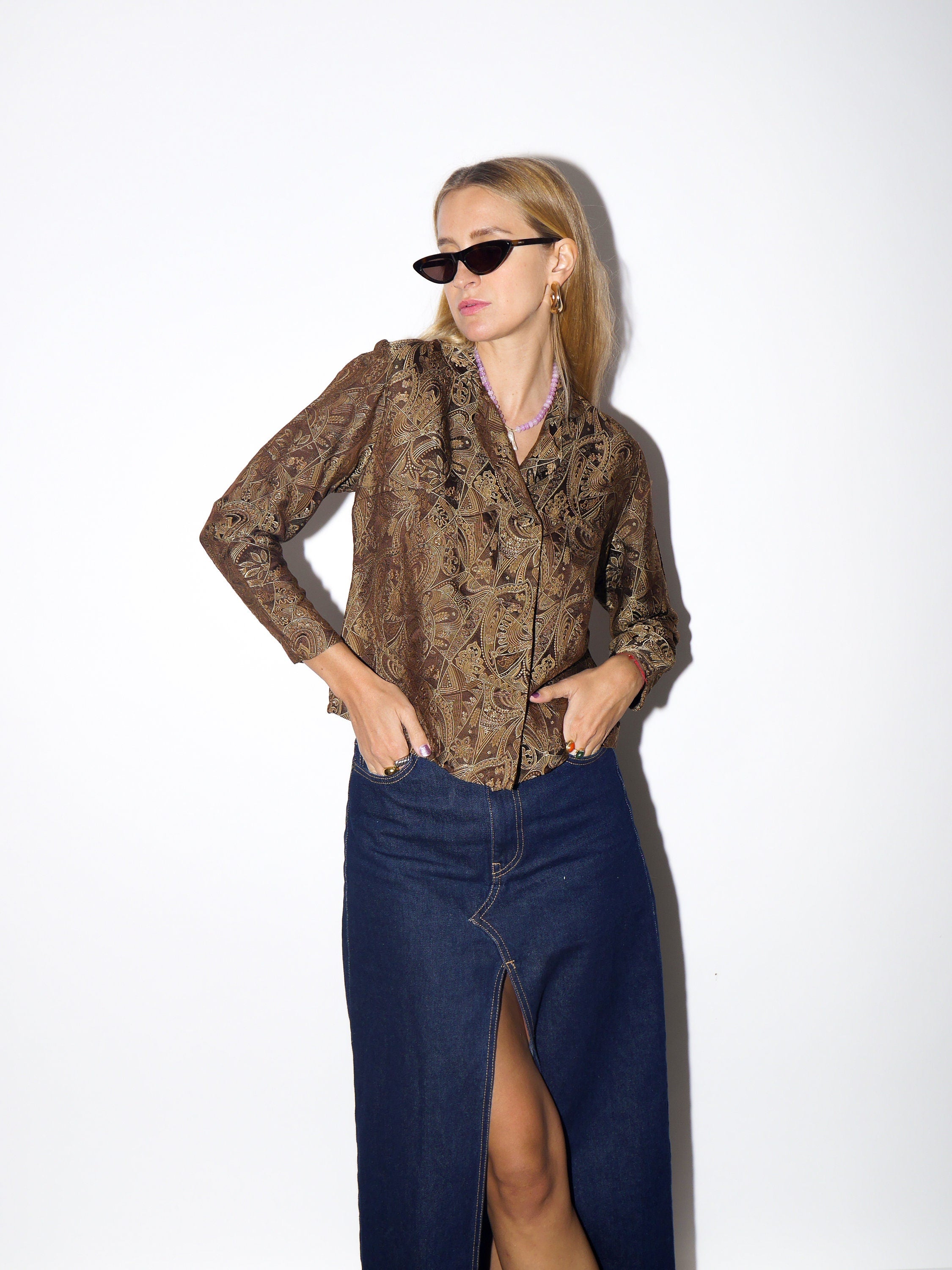 VINTAGE brown patterned silk jacket blouse blazer | handmade from 1980s | premium quality retro jacket blouse style with creamy lining