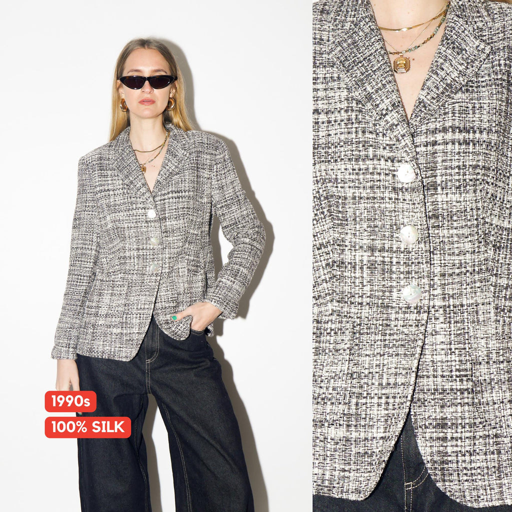 VINTAGE Gray Silk Blazer from 1990s | Retro 100% Silk Fitted Grey Blazer