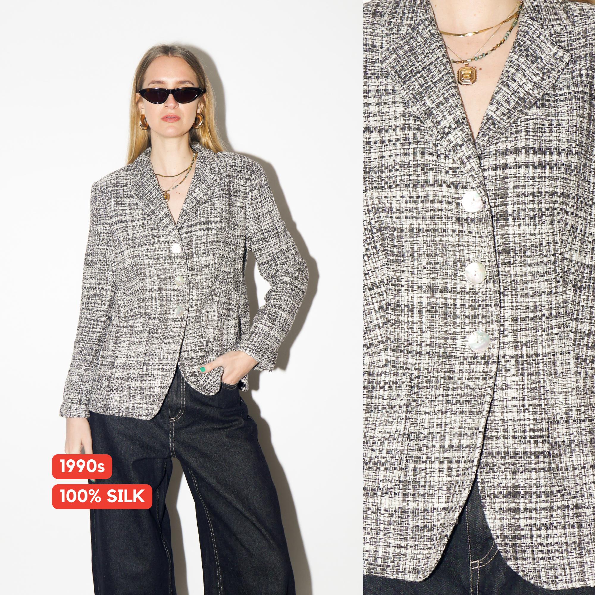 VINTAGE Gray Silk Blazer from 1990s | Retro 100% Silk Fitted Grey Blazer