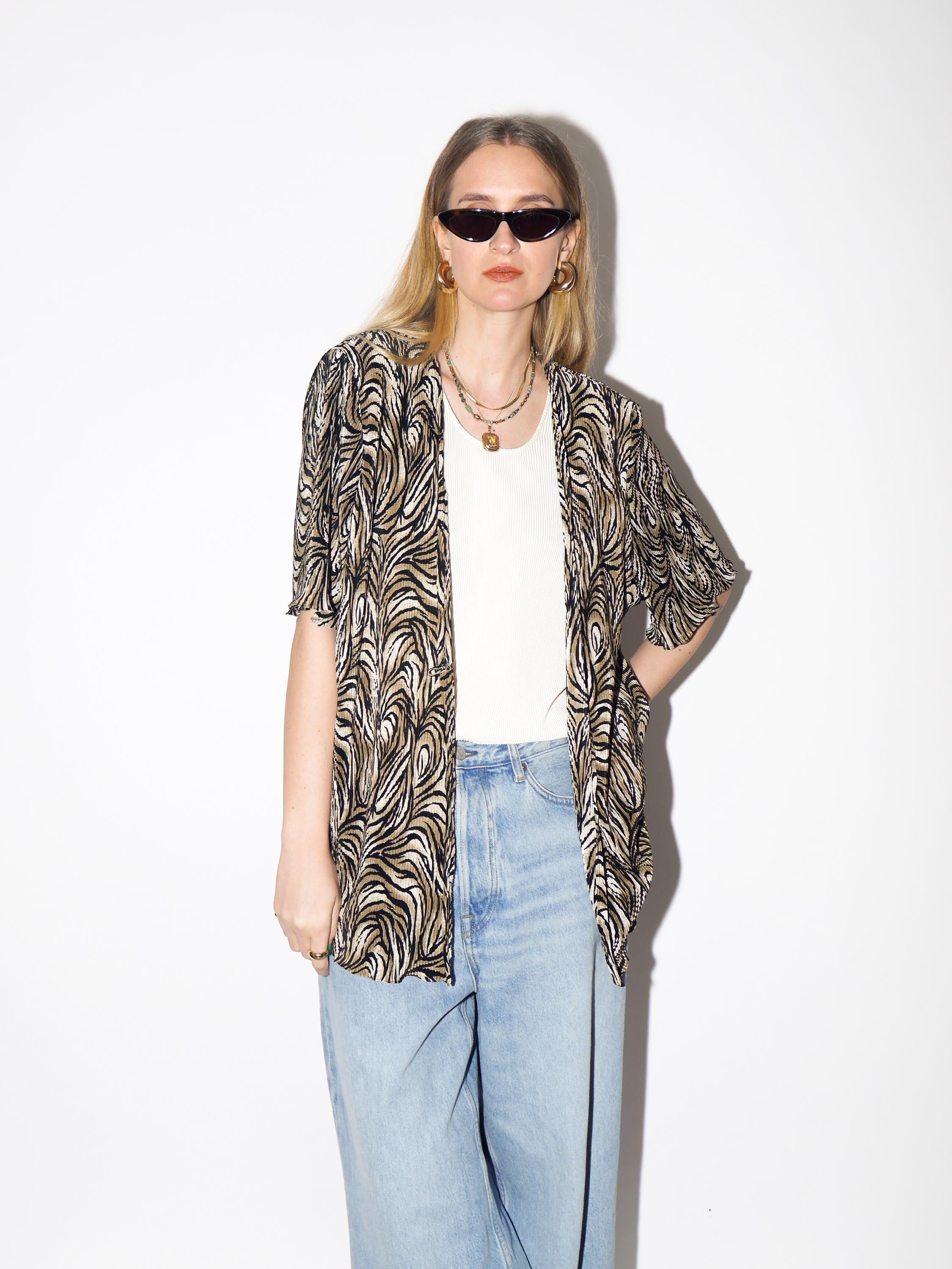 VINTAGE White and Animal Print Pleated Blouse from 1990s by Biaggini®