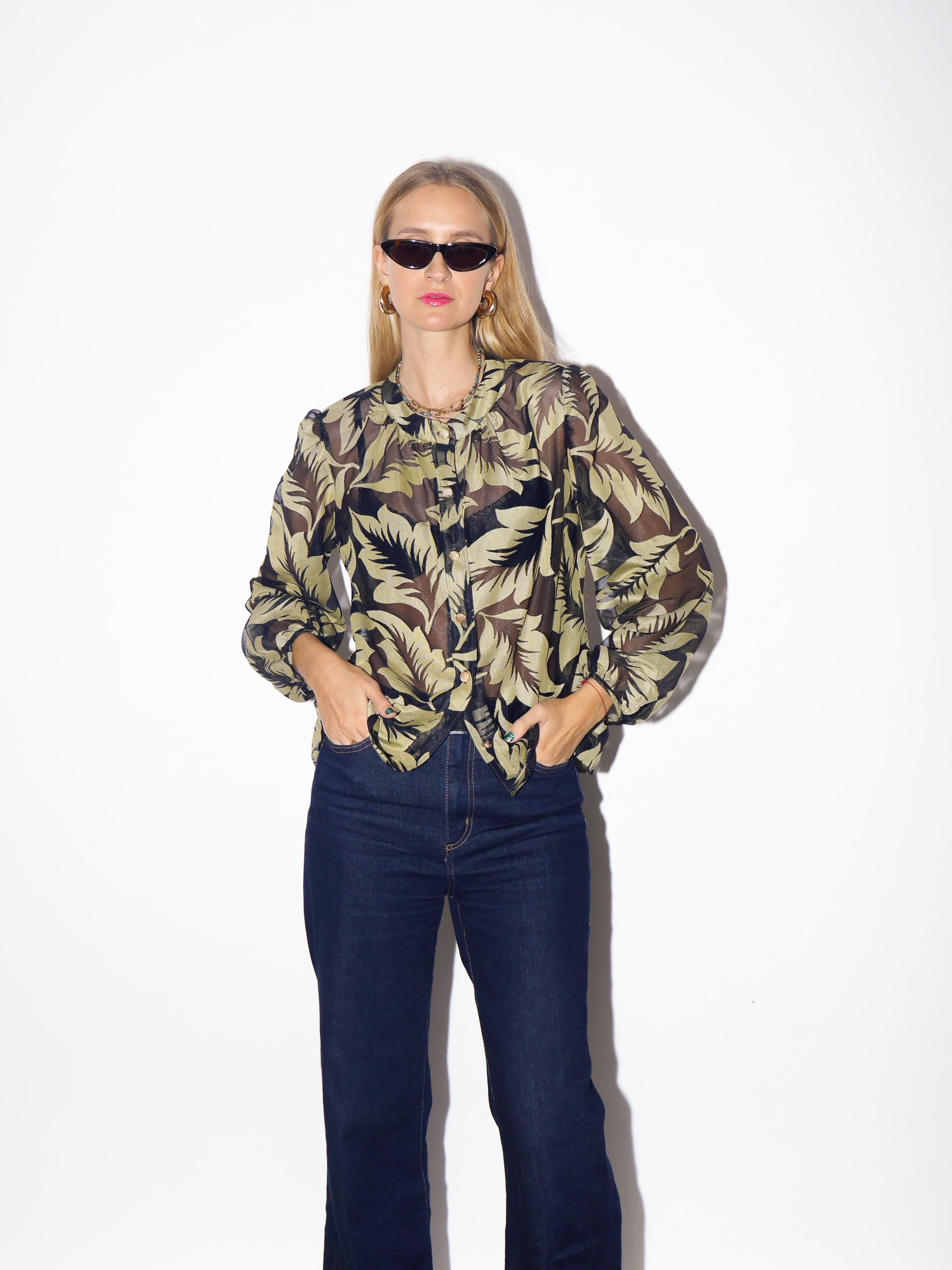 1980s Semi-Sheer Black Handmade Shirt - Vintage Oversize Shirt with Floral Pattern, Puffer Sleeves Blouse, Retro Fashion Clothing for Woman