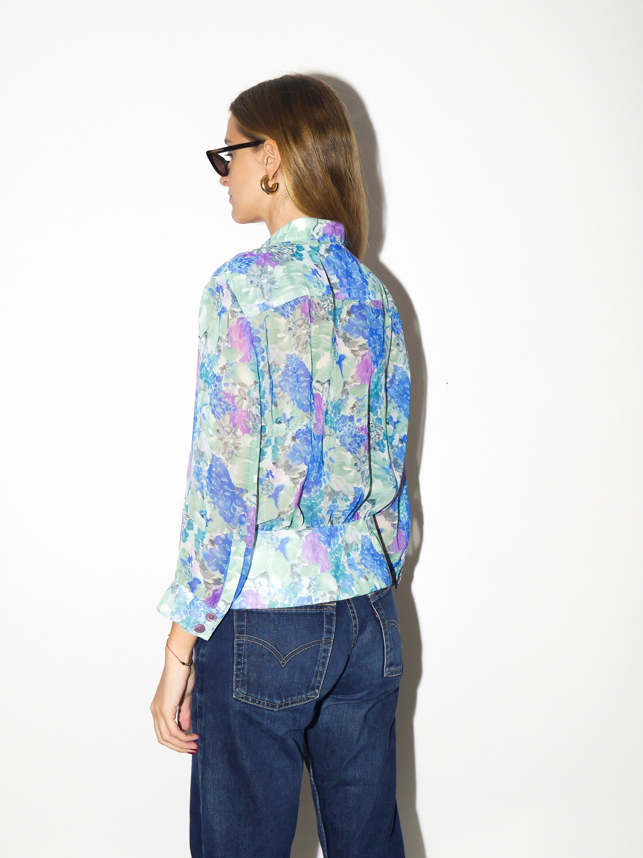 VINTAGE shirt 1980s | vintage peplum shirt | blue purple and green floral pattern shirt | semi sheer shirt | shirt with peplum | oversize